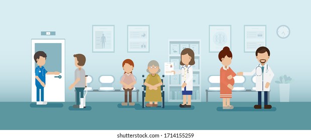 Doctor with patient in waiting area vector illustration