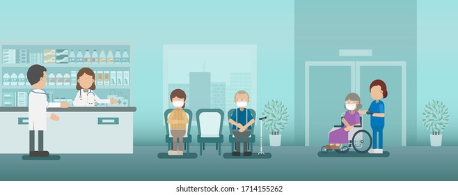 Doctor with patient in waiting area vector illustration