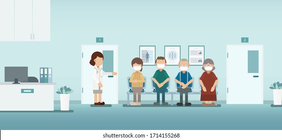 Doctor with patient in waiting area vector illustration