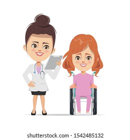 Doctor with patient woman sitting on wheel chair character at hospital.