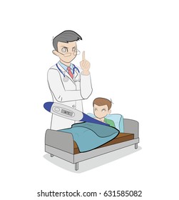 The doctor is at the patient's bed. Plot for medical topics. vector illustration.