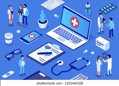 
Doctor and patients concept banner with characters. Healthcare concept. Can use for web banner, infographics, hero images. Flat isometric vector illustration.