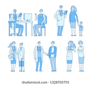 Doctor patients. Doctors nurse talking to man, old woman senior patient visit clinic. Treatment healthcare linear vector characters