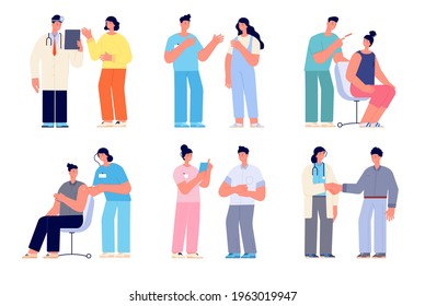 Doctor and patients. Doctors with patient, medic speaking with people. Hospital team consult, healthcare clinic vaccination utter vector characters