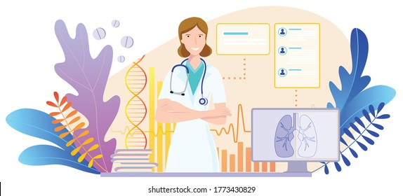 Doctor And Patients Having A Remote Consultation On Test Results, Health Concerns, Mental And Physical Wellbeing. Virtual Doctor Visit. Vector Illustration.