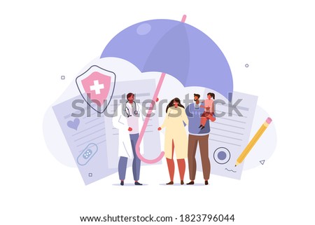 Doctor and Patients in Hospital filling Health and Life Insurance Policy Contract. Doctor holding Umbrella over Family to Protect from Accident. Health Care Concept. Flat Cartoon Vector Illustration. 