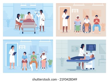 Doctor and patients in hospital flat color vector illustrations set. Healthcare services. Fully editable 2D simple cartoon characters with interior on background collection. Bebas Neue font used