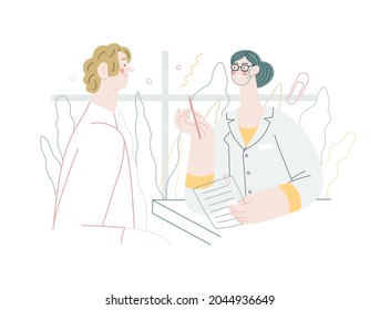 Doctor And Patients -medical Insurance Illustration - Modern Flat Vector Concept Digital Illustration. A Female Doctor Is Talking With Compassion To A Male Patient, In The Medical Office