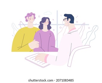 Doctor and patients -medical insurance illustration - modern flat vector concept digital illustration. A male family doctor is talking friendly to a young couple, in the medical office