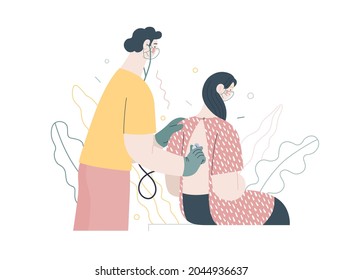 Doctor and patients -medical insurance, modern flat vector concept digital illustration. Stethoscope examination procedure - patient and doctor carrying out procedure, medical office or laboratory