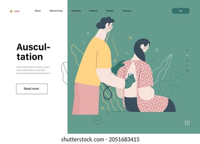 Doctor and patients -medical insurance, modern flat vector concept digital illustration. Stethoscope examination procedure - patient and doctor carrying out procedure, medical office or laboratory
