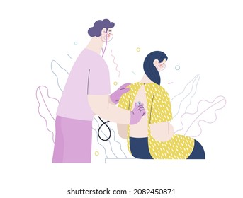Doctor and patients -medical insurance, modern flat vector concept digital illustration. Stethoscope examination procedure - patient and doctor carrying out procedure, medical office or laboratory