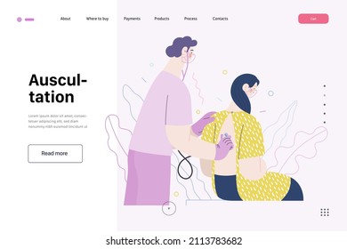 Doctor and patients -medical insurance, modern flat vector concept digital illustration. Stethoscope examination procedure - patient and doctor carrying out procedure, medical office or laboratory