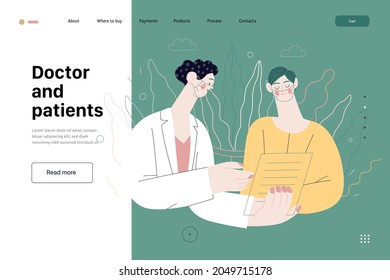 Doctor and patients -medical insurance web template - modern flat vector concept digital illustration. A female doctor is talking to a female patient, showing her the test result in the medical office