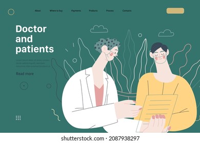 Doctor and patients -medical insurance web template - modern flat vector concept digital illustration. A female doctor is talking to a female patient, showing her the test result in the medical office