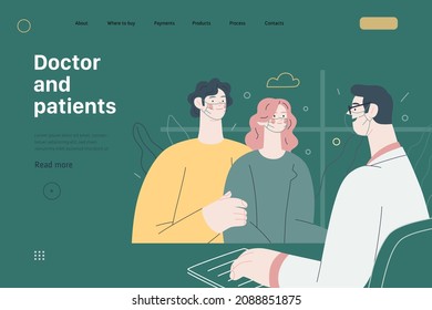 Doctor and patients -medical insurance web template - modern flat vector concept digital illustration. A male family doctor is talking friendly to a young couple, in the medical office