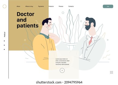 Doctor and patients -medical insurance web template - modern flat vector concept digital illustration. A male doctor is talking with compassion to a male patient, in the medical office. Landing page