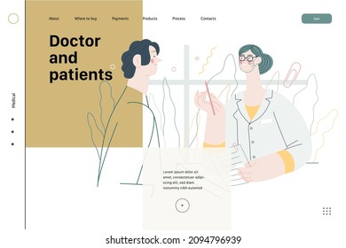 Doctor and patients -medical insurance web template - modern flat vector concept digital illustration. A female doctor is talking with compassion to a male patient, in the medical office