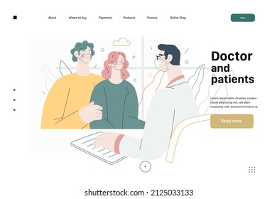 Doctor and patients -medical insurance web template - modern flat vector concept digital illustration. A male family doctor is talking friendly to a young couple, in the medical office