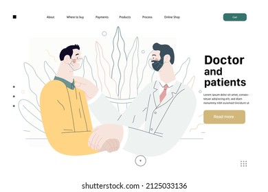 Doctor And Patients -medical Insurance Web Template - Modern Flat Vector Concept Digital Illustration. A Male Doctor Is Talking With Compassion To A Male Patient, In The Medical Office. Landing Page