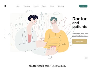 Doctor and patients -medical insurance web template - modern flat vector concept digital illustration. A female doctor is talking to a female patient, showing her the test result in the medical office