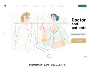 Doctor And Patients -medical Insurance Web Template - Modern Flat Vector Concept Digital Illustration. A Female Doctor Is Talking With Compassion To A Male Patient, In The Medical Office