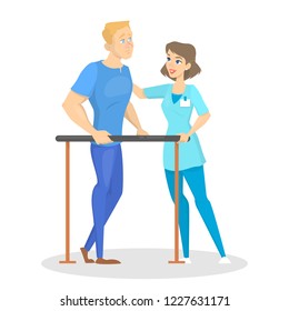Doctor and patinet in hospital. Idea of healthcare and medical professional treatment. Making examination for man on rehabilitation. Isolated vector illustration in cartoon style
