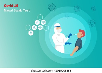 Doctor in PE suit using nasal swab stick on patient nose testing for Covid-19 coronavirus. Medical and healthcare, covid-19 test and diagnostic. 