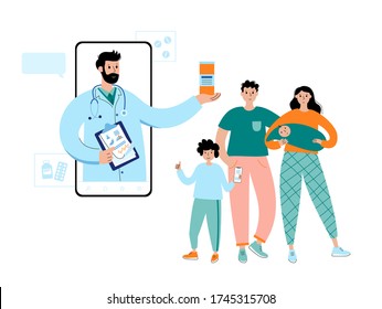 Doctor or pediatrican gives medicines to a happy family via smartphone. Flat vector illustration. Medical poster for online home diagnoses concept. Adult, young male, female, kid cartoon characters