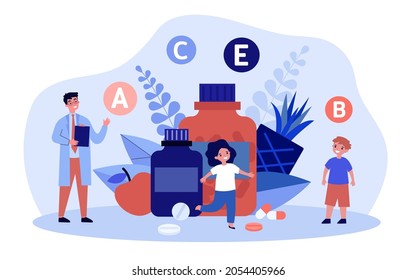 Doctor Pediatrician Advising Vitamins For Children. Tiny Man And Kids With Pills Flat Vector Illustration. Pediatric Prescription, Medicine Concept For Banner, Website Design Or Landing Web Page