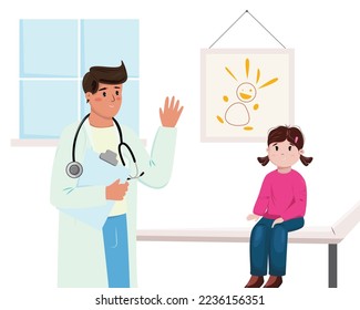 Doctor pediatrician checking up the small patient. Illustration with a doctor and girl in the room. Kid health, pediatry, health care, hospital concept illustration.