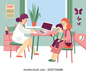 Doctor pediatrician composition with indoor view of doctors office with characters of nurse mother and child vector illustration