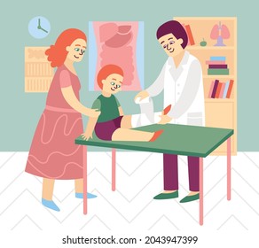 Doctor pediatrician composition with mother and son with leg being rolled with bandage by doctors hands vector illustration