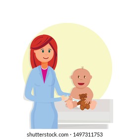 Doctor Pediatrician Doing Injection to Baby Boy Flat Cartoon Vector Illustration. Woman and Child Holding Teddy Bear. Happy Smiling Kid with Toy. Consultation at Clinic, Treatment.