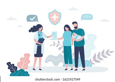 Doctor pediatrician examines a newborn baby. Scheduled visit to the doctor. Neonatologist talk with mother cand father. Consultation and recommendations. Healthcare banner concept. Trendy vector