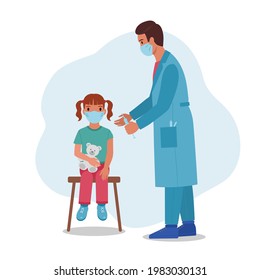 Doctor pediatrician giving vaccine injection shot to little girl. Time to vaccinate concept medicine healthcare. Vector file.
