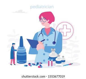 Doctor pediatrician in hospital, Healthcare, medical treatment, prevention and immunize. Pediatric Department, Vector illustration for web banner, mobile. check for illness, disease or problems. 