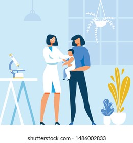 Doctor Pediatrician Making Flu Vaccine Injection to Baby. Cartoon Mother and Infant at Hospital. Kids Treatment, Vaccination or Immunization Schedule. Vector Immunity Health Flat Illustration