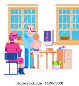 Doctor pediatrician osteopath and little child vector illustration. Boy with mother visiting doctors office. Room interior, massage table, computer with spine image on screen. Medicine and healthcare.