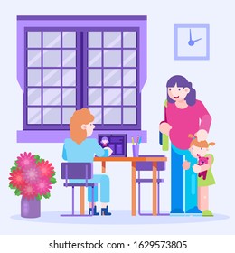 Doctor Pediatrician Visitors Child With Mother Vector Illustration. Patient Scared Little Baby Girl Hiding Behind Mom In Pediatrician Office Room. Doctor Sitting At Desk With Computer.