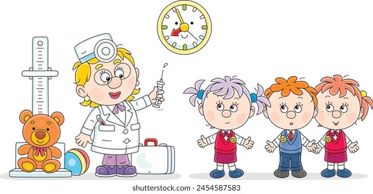 Arzt Kinderarzt in einem weißen Krankenhauskleid mit einer Spritze für die Impfung von kleinen Kindern in einer Arztpraxis einer pädiatrischen Poliklinik, Vektorgrafik-Cartoon-Illustration isoliert auf einem weißen Hintergrund