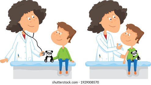 Doctor pediatrician woman performs a vaccination of a little boy. Boy holds teddy bear. Medical vector illustration.