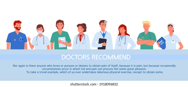 Doctor people recommend concept vector illustration. Cartoon professional medical hospital worker team of characters consulting and recommending, healthcare medicine advice and consultation background