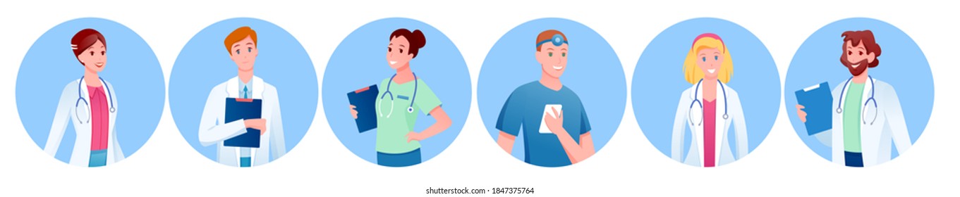 Doctor people round avatar vector illustration set. Cartoon woman man medical characters profile collection with healthcare medic specialist, therapist, physician with stethoscope isolated on white