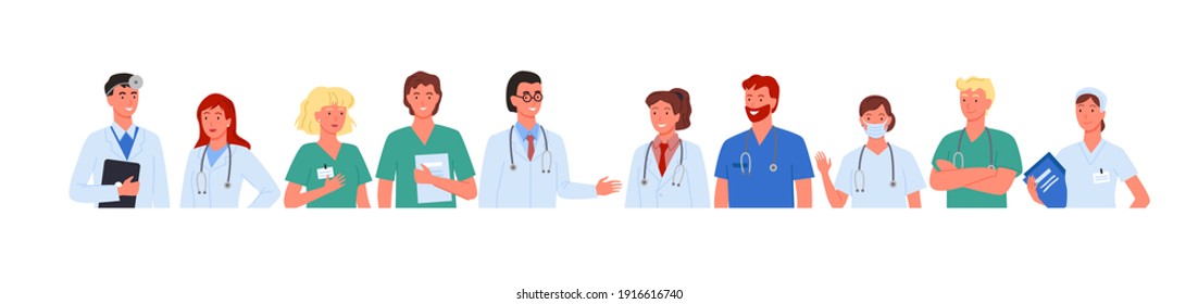 Doctor people team vector illustration set. Cartoon medical hospital worker characters, healthcare staff avatar collection with physician medic nurse ophthalmologist surgeon doctor isolated on white