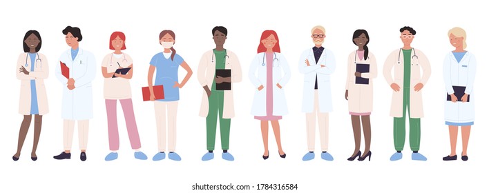 Doctor people vector illustration. Cartoon man woman medical group of doctor characters, hospital worker team with nurse, physician, surgeon. Professional medicine staff occupation isolated on white