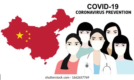 Doctor and people wearing face mask protect from COVID-19 coronavirus vector illustration. COVID-19 design concept background