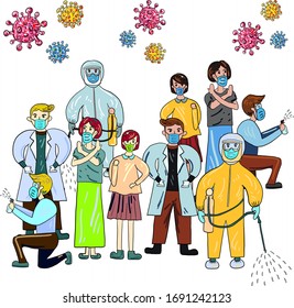 Doctor and people wearing face mask fight against Covid-19,Coronavirus Disease,Healthcare and Safety.Social Distancing for Covid-19 situation.Set of vector illustration fight Covid.Human protection.