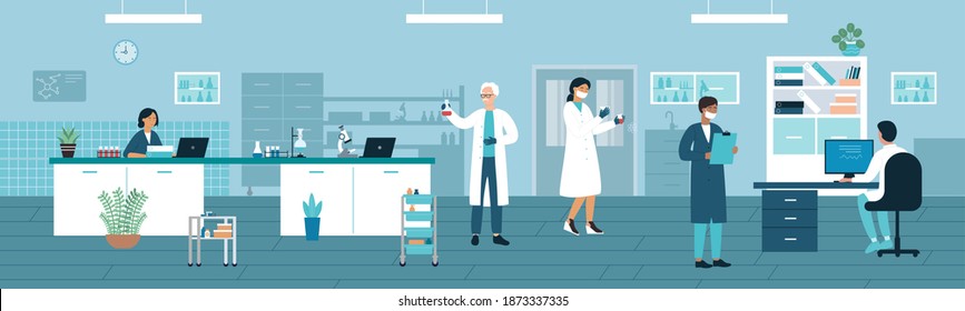 Doctor people work in medical laboratory vector illustration. Cartoon man woman medic researcher characters working with lab test tubes and flasks, scientists in analysis medicine research background