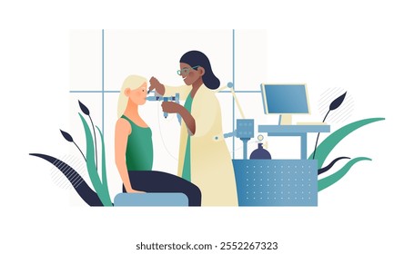 Doctor Performing Body Plethysmography on Patient in Medical Office or Laboratory. Respiratory Diseases. Modern Flat Vector Illustration. Lung Function Test on Patient.